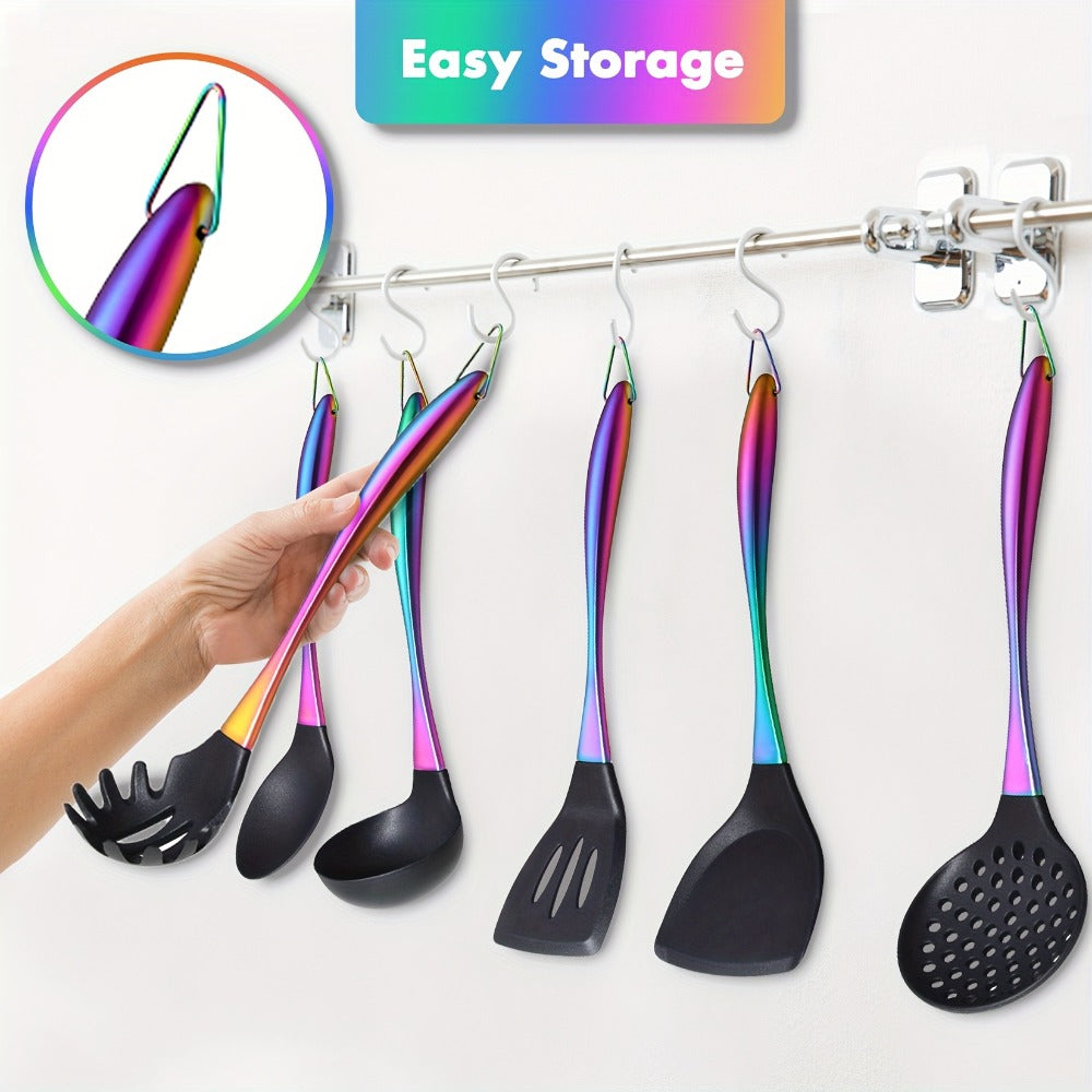 Silicone Cooking Utensils Set 17 Piece Rainbow Titanium with Rotating Holder – Heat Resistant Non-Stick Spatulas