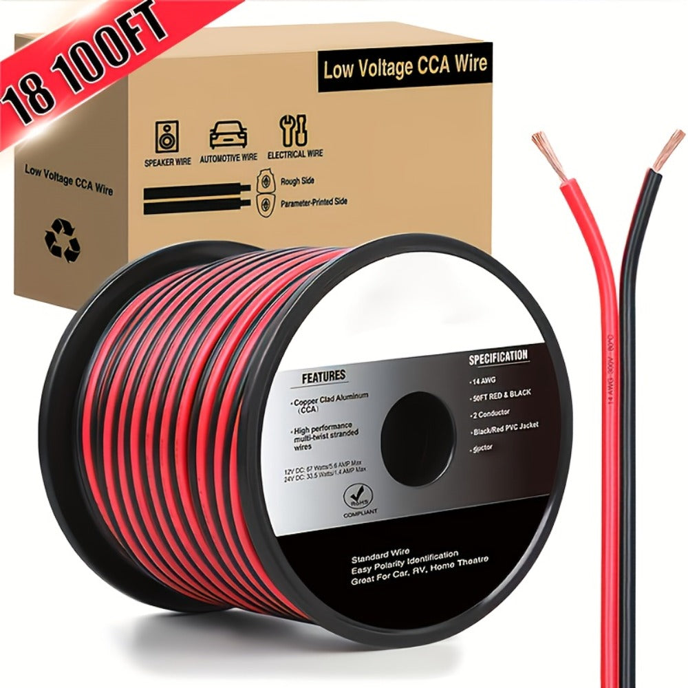CCA Speaker Wire 16AWG – Red & Black Copper Clad Aluminum 2-Conductor DC Cable for Car Audio, Radio, Amplifier & Home LED Strip Lights