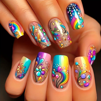 Press On Nails 120-Piece Medium Square Set with Glossy Floral and Striped Designs in Five Packs