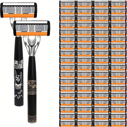 Safety Razor Kit 2 Handles 72 Double Edge Replacement Blades – Classic Wet Shaving Razor Set with Non-Slip Ergonomic Grip for Close Clean