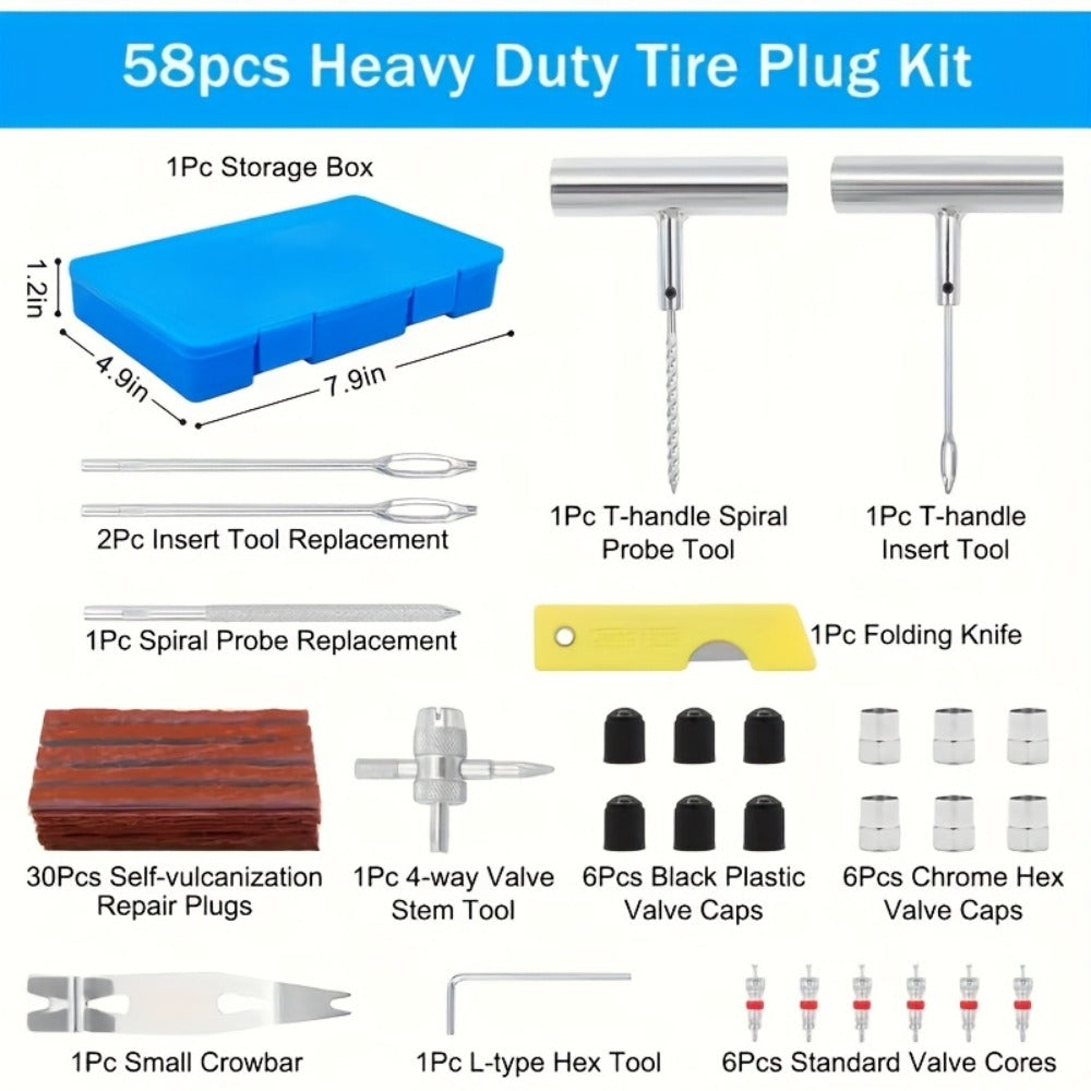 Tire Repair Tool Kit 47 / 58 / 104 / 116-Piece for Cars Motorcycles Trucks Tractors Trailers, Heavy-Duty Tubeless Tire Plug Patch Kit