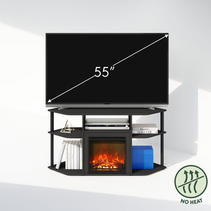 Corner TV Stand with Electric Fireplace, 55" Entertainment Center with Open Storage Shelves & Decorative Plastic Poles