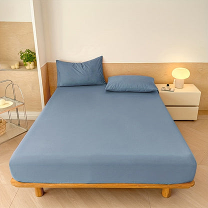Three-Piece Solid-Color Fitted Sheet Set with Two Pillowcases, Nine Colors and Four Bed Sizes