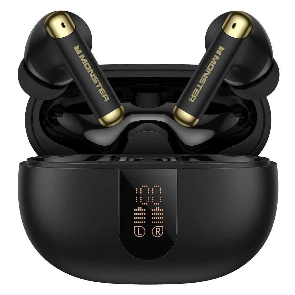 Wireless Earbuds Monster Sport In-Ear with Call Noise Reduction Mic and LED Display Case in Black