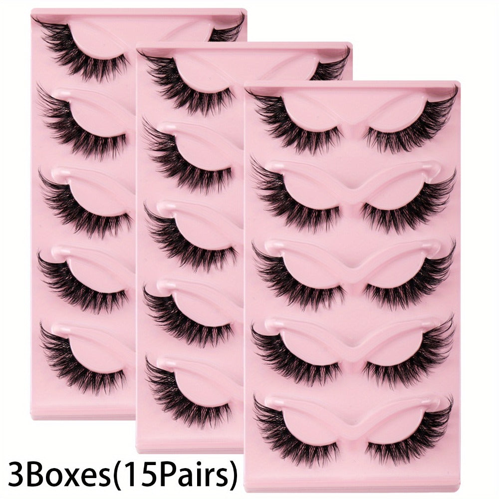 15 Pairs Cat Eye Strip Lashes – Natural Long Manga Wispy False Eyelashes with Winged Tips, 3 Boxes Elongated Dramatic Eye Look for Women