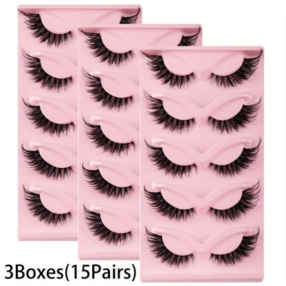 15 Pairs Cat Eye Strip Lashes – Natural Long Manga Wispy False Eyelashes with Winged Tips, 3 Boxes Elongated Dramatic Eye Look for Women