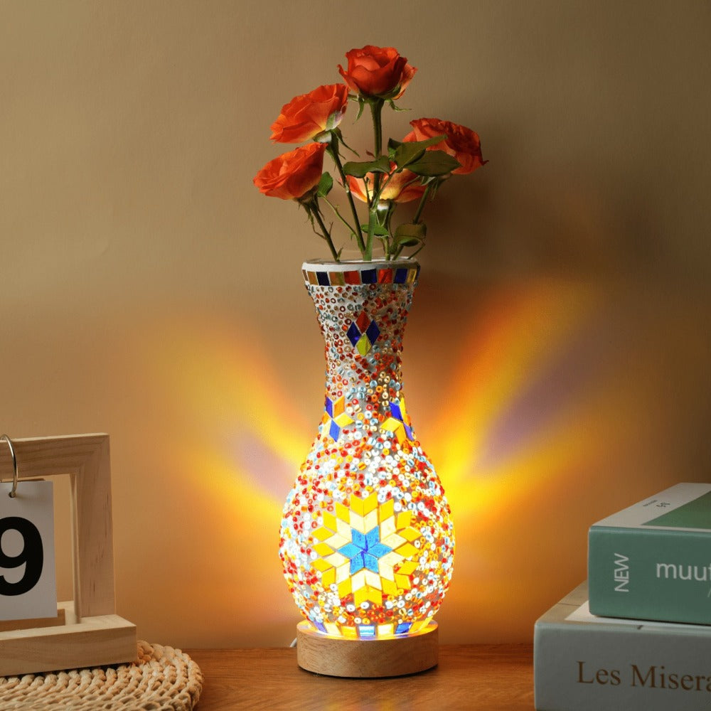 Mosaic Vase Lamp Turkish Moroccan Handmade Colorful Glass Table Lamp with Wooden Base, USB Plug-In Boho Night Light