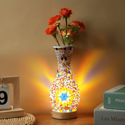 Mosaic Vase Lamp Turkish Moroccan Handmade Colorful Glass Table Lamp with Wooden Base, USB Plug-In Boho Night Light