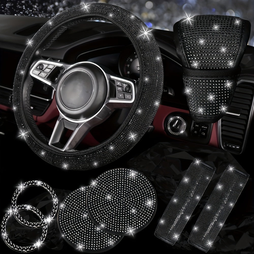 8-Piece Rhinestone Car Interior Accessories Set with Steering Wheel Cover, Coasters and Seat Belt Pads