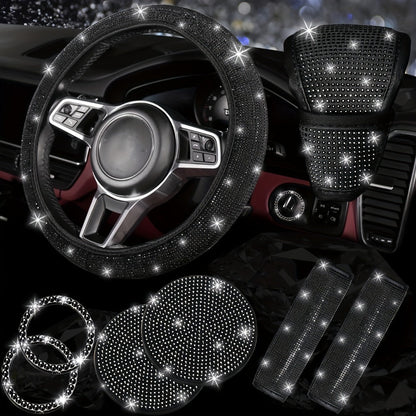 8-Piece Rhinestone Car Interior Accessories Set with Steering Wheel Cover, Coasters and Seat Belt Pads