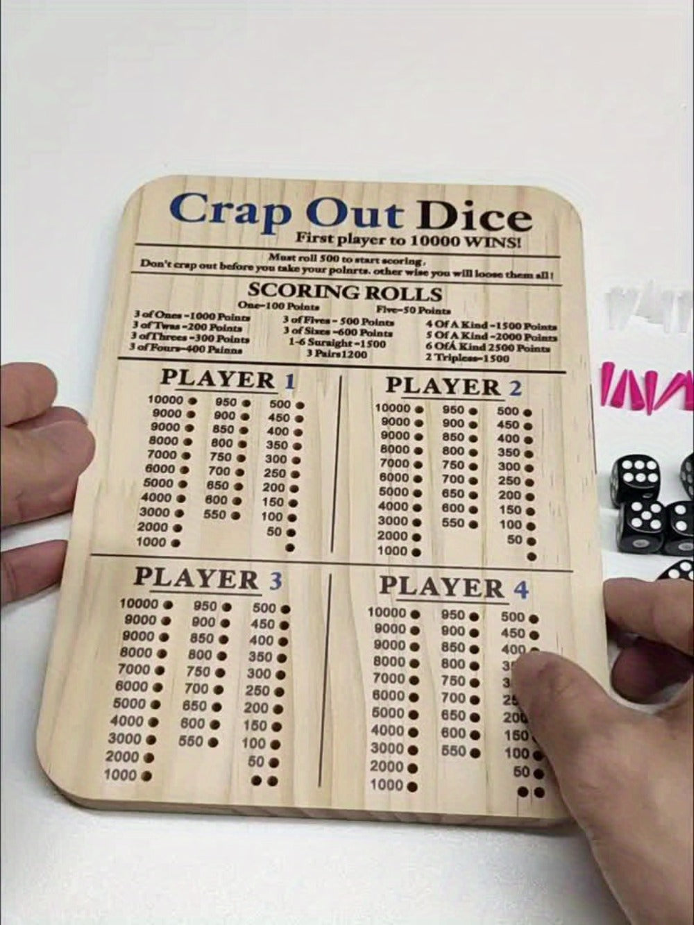 Crap Out Dice Score Board Game 2pcs – 10 Inch Wooden Dice Scoreboard with 6 Dice & 12 Scoring Pegs, Fun Family Dice Game for 1-4 Players