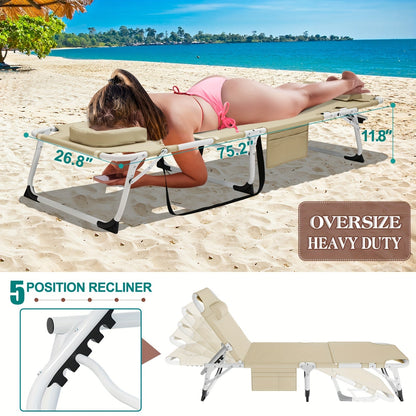 Folding Chaise Lounge Chair for Outdoor Tanning – 5-Position Adjustable Sunbathing Lounger with Face Hole for Pool, Beach & Backyard