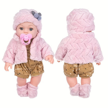 Pink Baby Doll with Open-Eye Face, Pacifier and Textured Outfit Across Three Checkout Style Labels