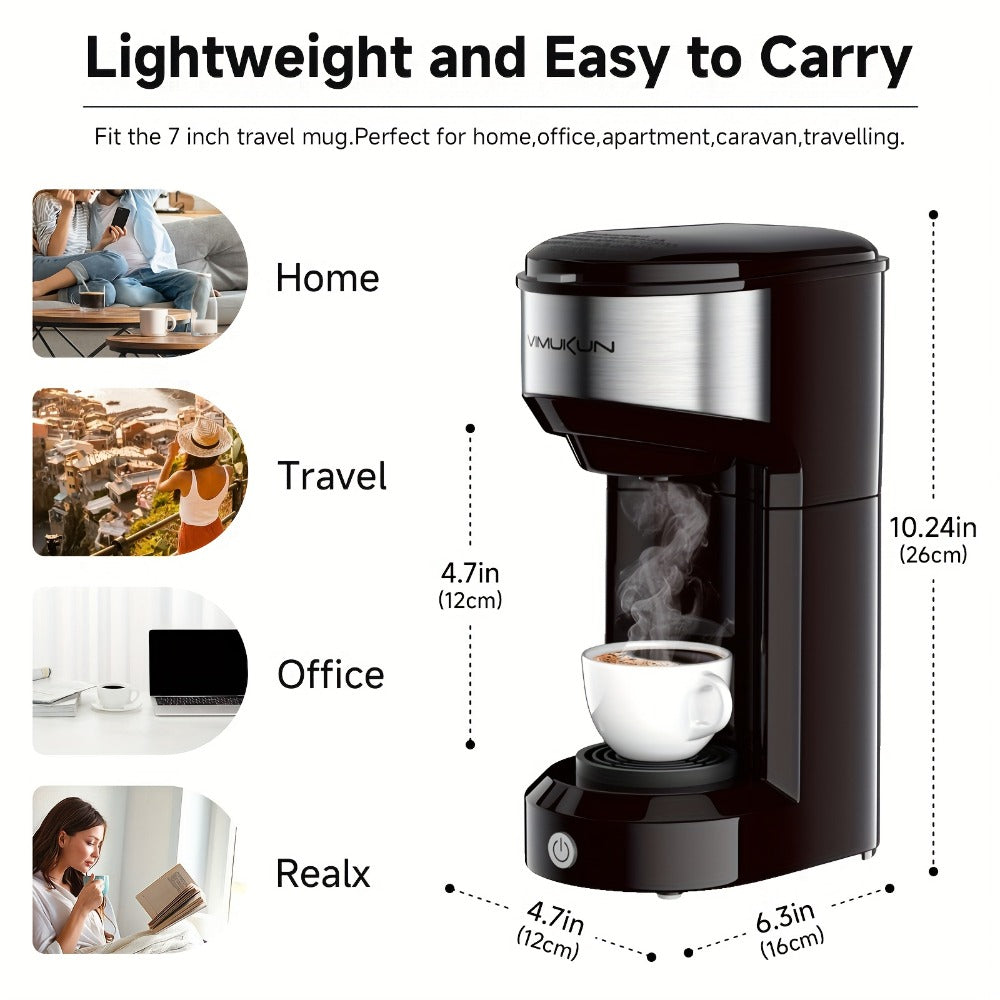 Single-Serve Coffee Maker for Pods or Grounds with 6-14oz Reservoir Range, 120V Label and Four Colors