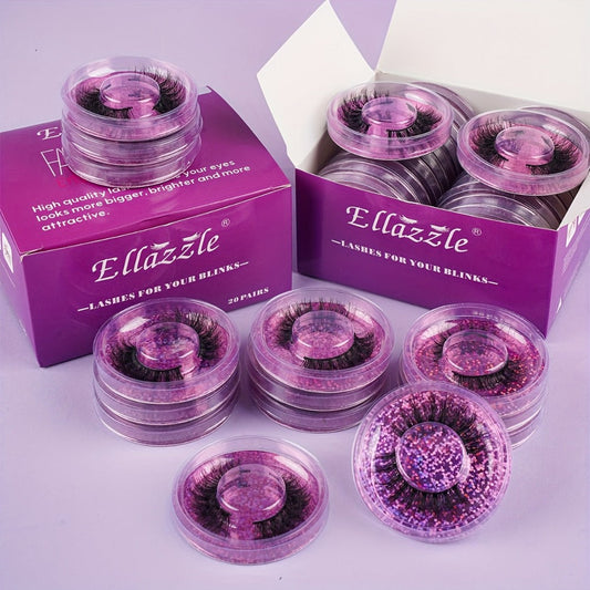 Faux-Mink False Eyelashes Multipack with 20 Pairs in Three Mixed-Style Round Storage Case Options