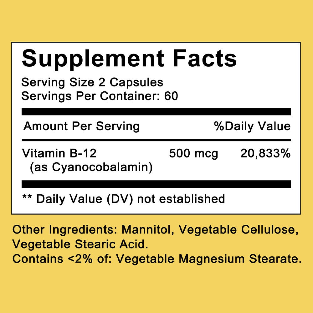 Vitamin B12 500mcg Capsules 120 Count for Women Men for Bath Time, Home Spa and Personal Care
