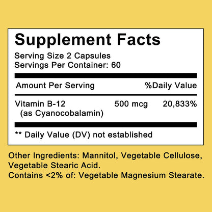 Vitamin B12 500mcg Capsules 120 Count for Women Men for Bath Time, Home Spa and Personal Care