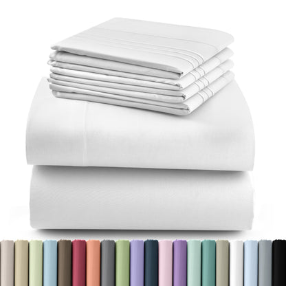 Fitted Sheet Set 6-Piece Brushed Polyester Deep Pocket Bed Sheets 20 Colors Hotel Luxury Bedding with Embroidered Pillowcases