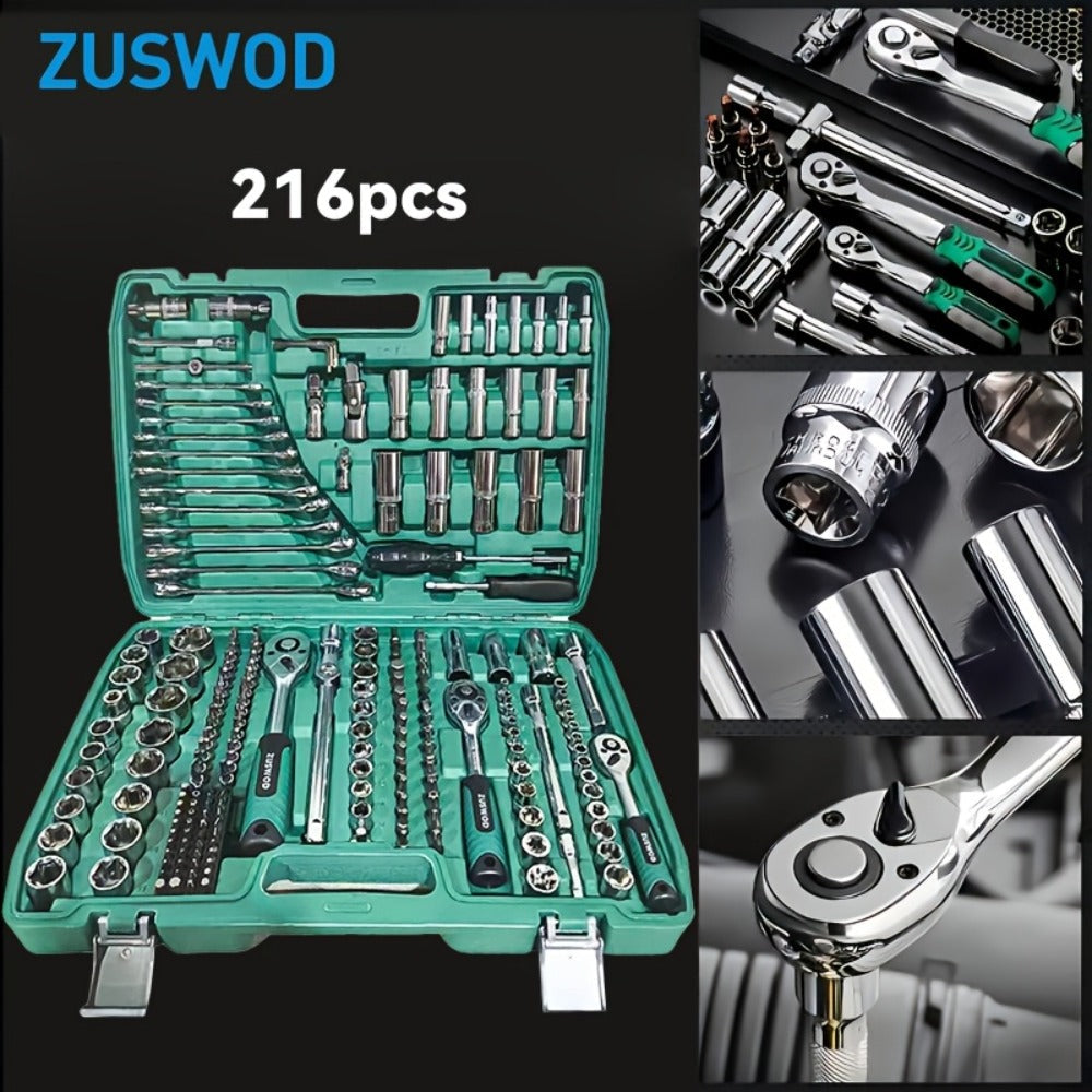 216-Piece Professional Socket Set 1/4" 3/8" 1/2" Drive – S2 & CR-V Steel Ratchet Wrench Kit with Deep & Standard Sockets for Auto Repair
