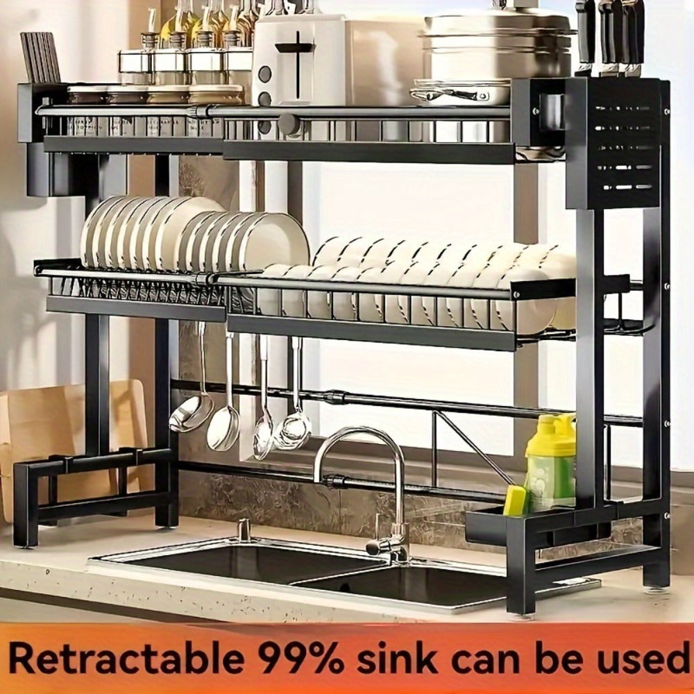 Expandable Over-Sink Dish Drying Rack with Single- or Double-Layer Black Frame and Adjustable Width