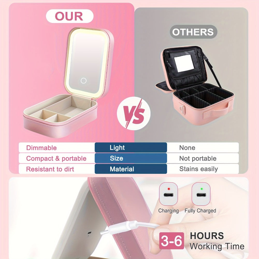 Lighted Makeup Mirror with Travel Case Cosmetic Organizer 3-Color LED Light 1200mAh, for Makeup, Travel and Everyday Vanity Use