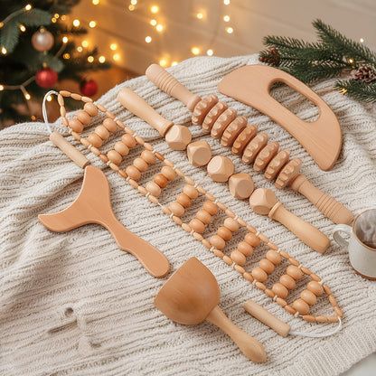 Wooden Massage Tool Set 6pcs Manual Facial Massager Kit with Wood Rollers Pointed Bead Textured Heads for Face Neck Full Body Relaxation