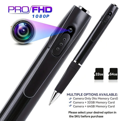1080P Pen-Style Body Camera with One-Button Recording, USB Port and Camera-Only, 32GB or 64GB Card Options