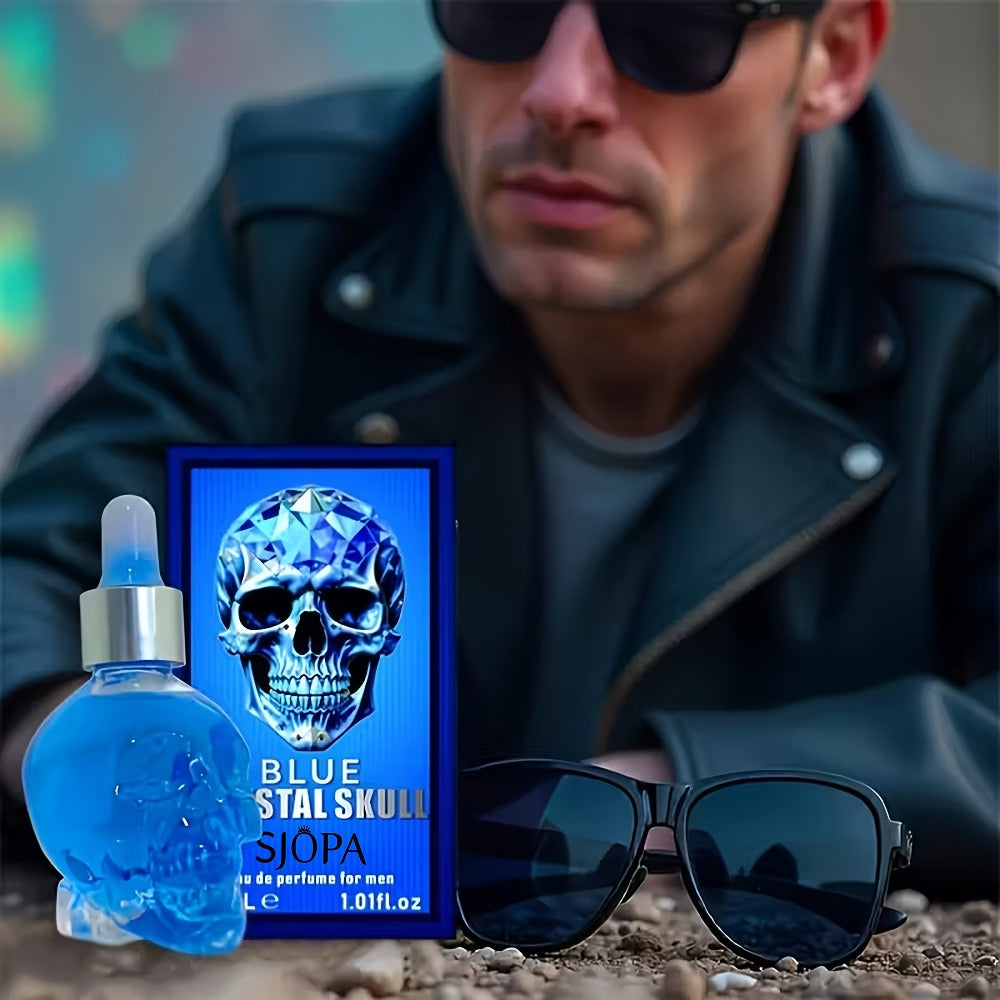 Alcohol-Free Perfume Oil for Men Blue Crystal Skull Bottle 30ml Woody Cologne Portable Travel Fragrance Unique Gift for Him