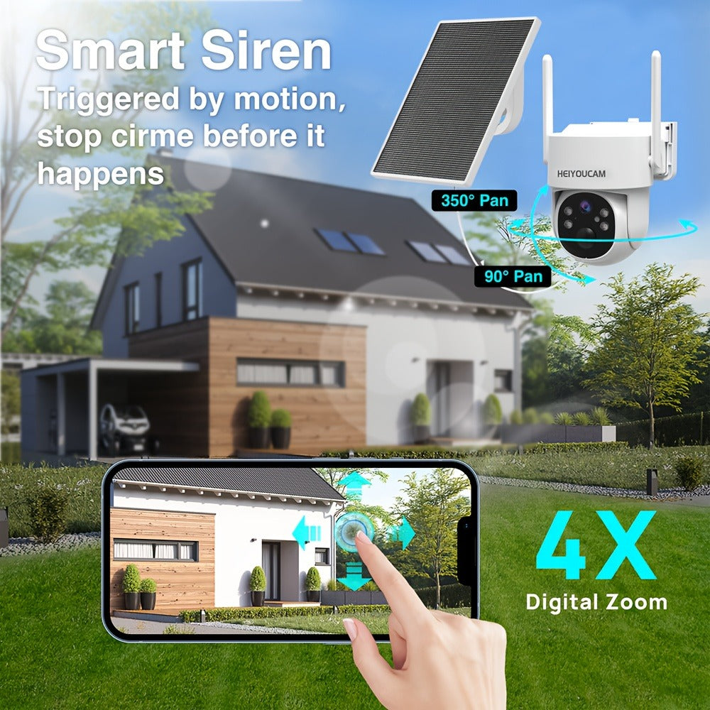 Solar PTZ Security Camera Outdoor 4K Wireless – 360° Pan Tilt Zoom, PIR Motion Detection Alarm, Full Color Night Vision, Two-Way Audio