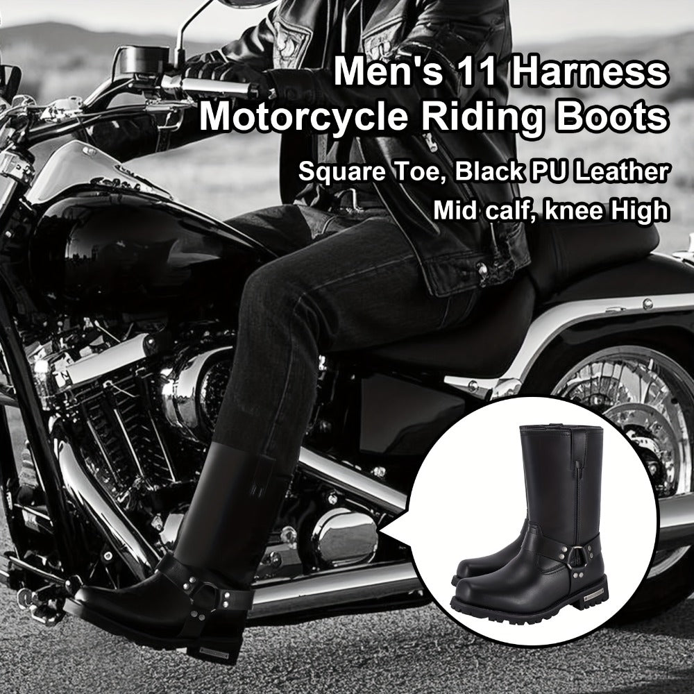 Men's Motorcycle Boots 11" Harness – PU Leather Non-Slip Square Toe Mid-Calf Biker Boots, Abrasion Resistant All-Season Riding Boots