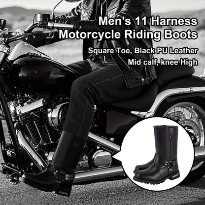Men's Motorcycle Boots 11" Harness – PU Leather Non-Slip Square Toe Mid-Calf Biker Boots, Abrasion Resistant All-Season Riding Boots
