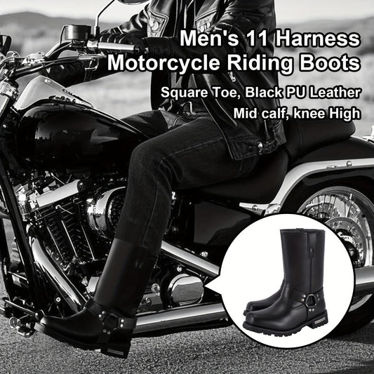 Men's Motorcycle Boots 11" Harness – PU Leather Non-Slip Square Toe Mid-Calf Biker Boots, Abrasion Resistant All-Season Riding Boots