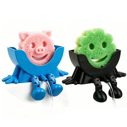 Character Sponge Holder Two-Pack with Black and Green Vented Sink Caddies, Curved Cradles and 6.3-Inch Width