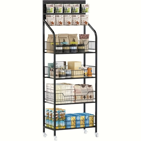 4-Tier Metal Display Rack with Wheels – Rolling Floor Shelf for Kitchen, Store & Home Storage Organization
