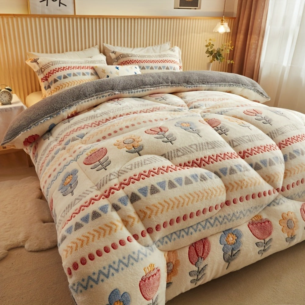 Bohemian Winter Comforter Thick Warm Velvet | Snowflake Floral Geometric Pattern Bedspread for Twin Full Queen