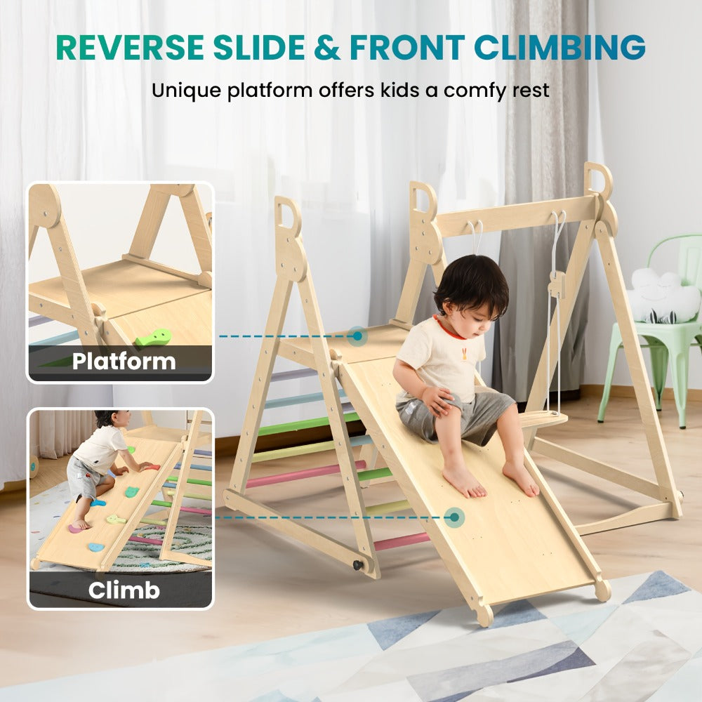 Foldable Indoor Wooden Jungle Gym for Toddlers, 4-in-1 Climbing Frame with Swing, Slide & Ladder