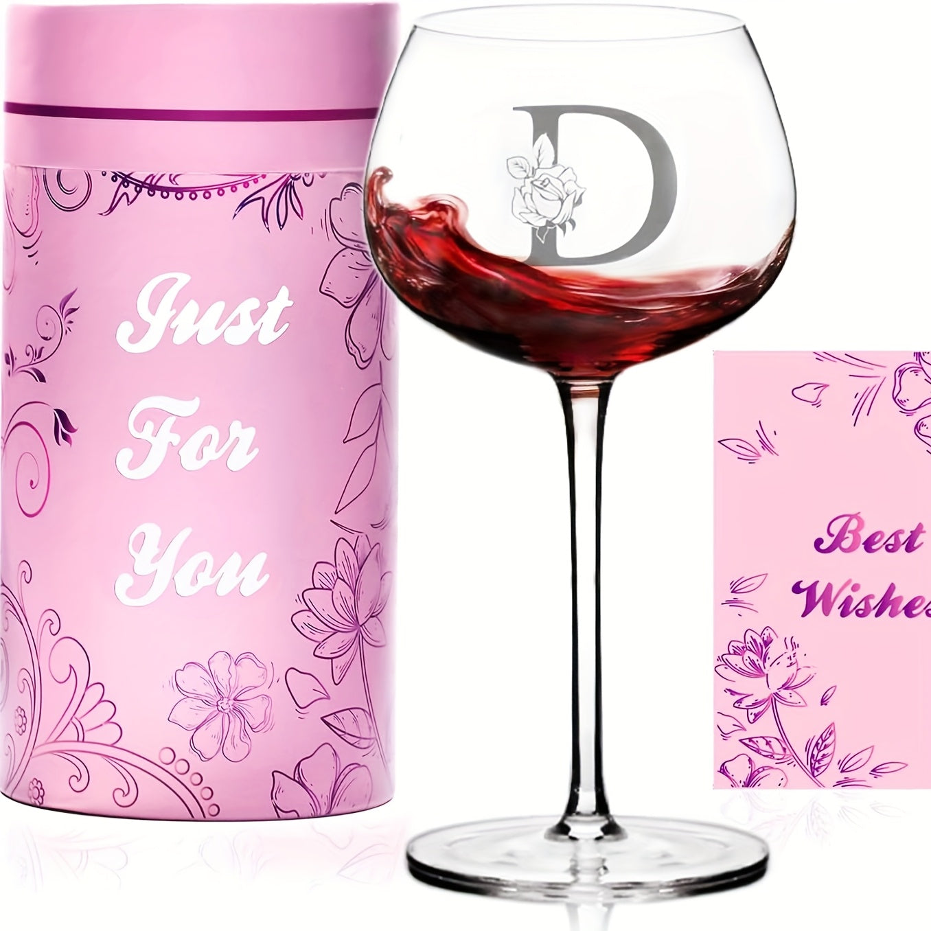 Personalized Wine Glass Gift for Women – A-Z Initial Letter Monogrammed Wine Glass with Gift Box & Greeting Card – Unique Birthday