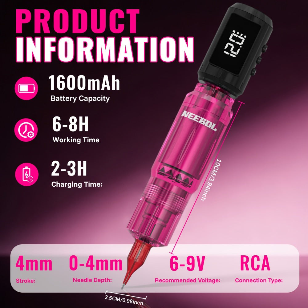 Tattoo Machine Kit Neebol A-07, A-07 Pro or B-08 Cordless Pen with 1600mAh Battery, 20 Cartridges and 8 Inks