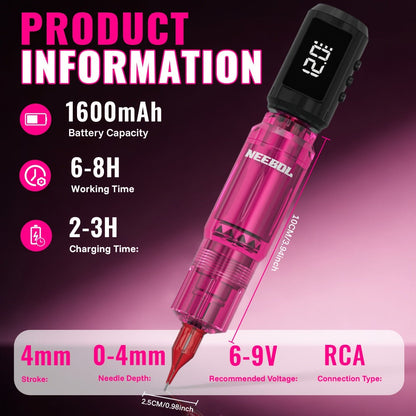 Tattoo Machine Kit Neebol A-07, A-07 Pro or B-08 Cordless Pen with 1600mAh Battery, 20 Cartridges and 8 Inks