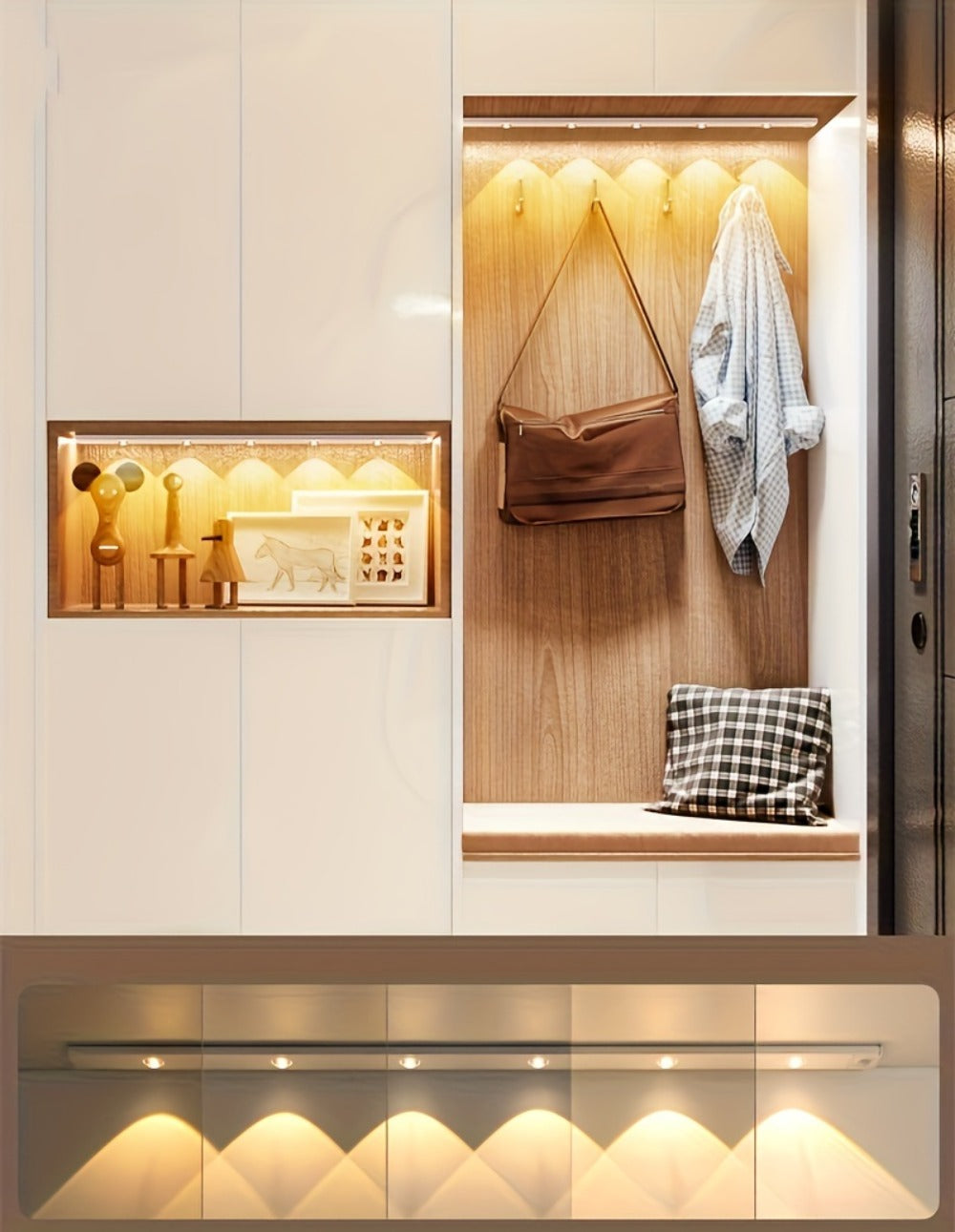 LED Sensor Strip Light USB Rechargeable – 3-Color Dimmable Motion Sensing Wireless Night Light for Kitchen, Wardrobe, Cabinet