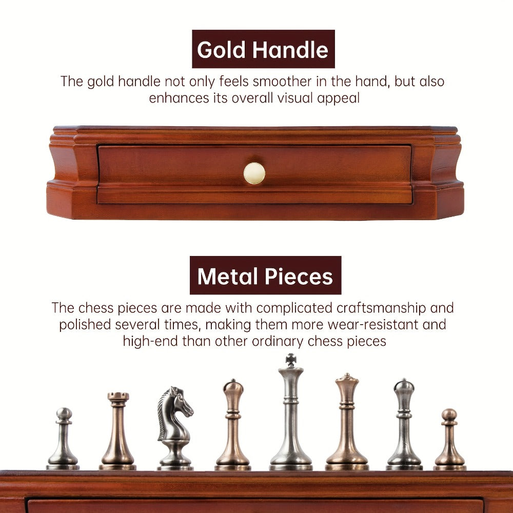Wooden Chess Set with Metal Pieces & Storage Drawers 12 Inch – 2.5" Kings 2 Extra Queens Vintage Mahogany Board for Adults Beginners