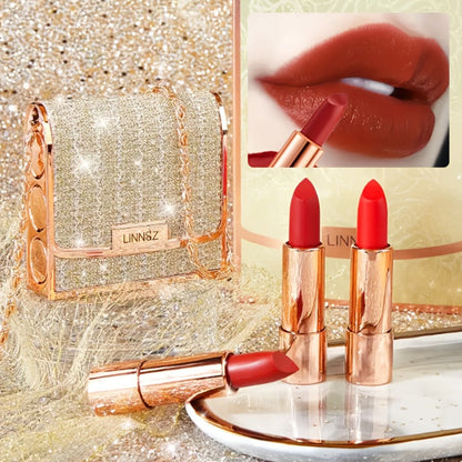 Matte Lipstick Gift Set 3pcs in Silvery Chain Bag Box, Velvet Finish Waterproof Red Lip Color, Conditioning Formula 3.5g Each