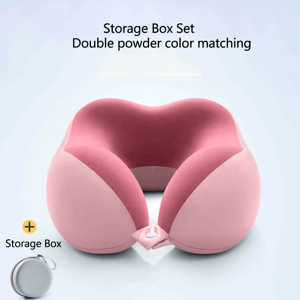 Rollable Memory Foam Travel Neck Pillow with Round Storage Case in Beige, Black or Pink-and-Gray Color Block