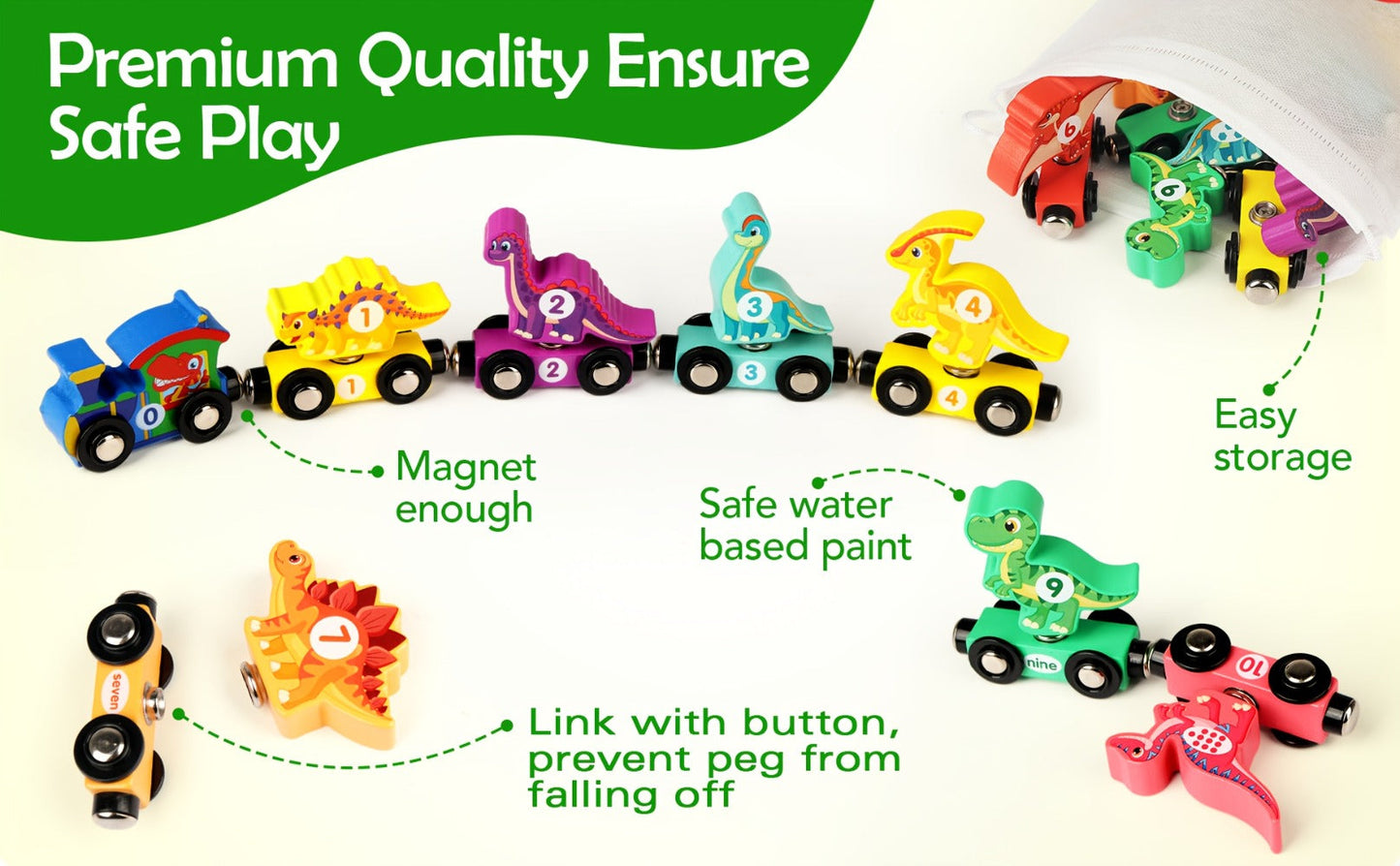 Magnetic Dinosaur Number Train Set for Kids Ages 3-5, 11PCS Wooden Magnetic Train Toy with Engine & Numbered Cars