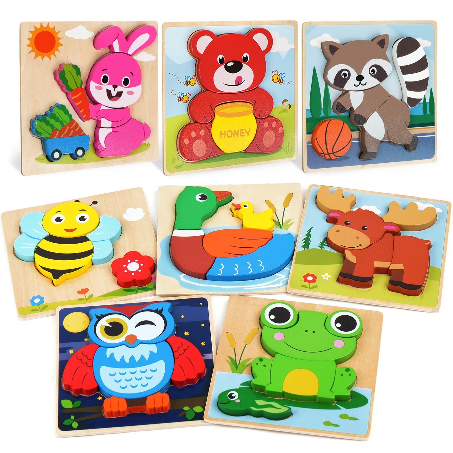 Wooden Animal Puzzles for Toddlers 8-Pack, Colors & Shapes Cognition Learning Toy for Kids Ages 1 2 3