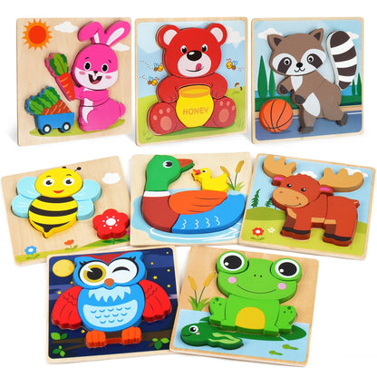 Wooden Animal Puzzles for Toddlers 8-Pack, Colors & Shapes Cognition Learning Toy for Kids Ages 1 2 3