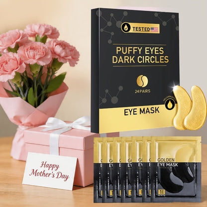 24-Pair Gold-Tone Under-Eye Patch Box with Individual Pouches and Collagen, Glycerin and Hyaluronic Acid Wording