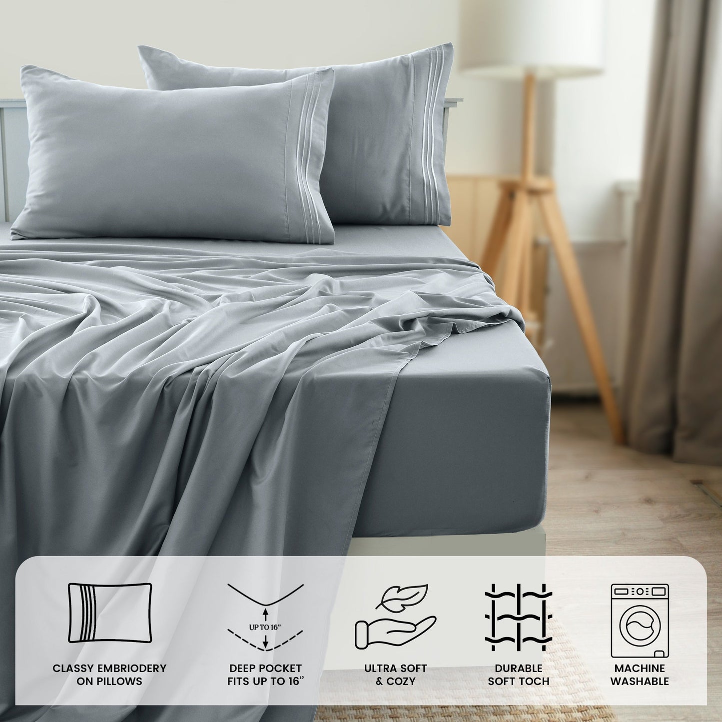 Fitted Sheet Set 6-Piece Brushed Polyester Deep Pocket Bed Sheets 20 Colors Hotel Luxury Bedding with Embroidered Pillowcases