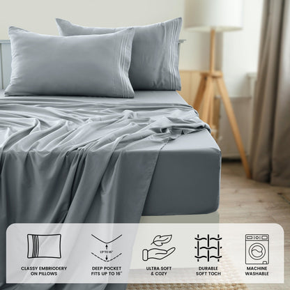 Fitted Sheet Set 6-Piece Brushed Polyester Deep Pocket Bed Sheets 20 Colors Hotel Luxury Bedding with Embroidered Pillowcases