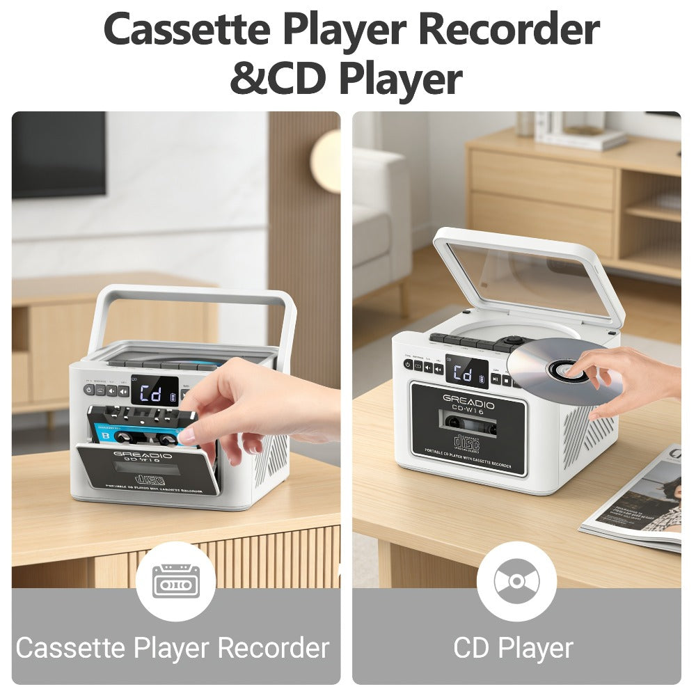 Boombox CD Cassette Player Rechargeable 5000mAh Battery 5W Dual Stereo Speakers FM Radio Tape Recording AUX SD USB 3.5mm Jack Portable Home